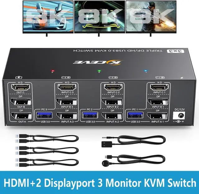 KVM Switch 3 Monitors 3 Computers 8K 60Hz 4K 144Hz HDMI+2 Displayport Triple Monitor KVM Switch for 3 Computer Share 3 Monitor and 4 USB3.0 Devices Wired Remote and 12V power Adapter Included
