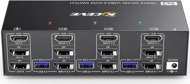 KVM Switch 3 Monitors 3 Computers 8K 60Hz 4K 144Hz Camgeet HDMI+2 Displayport KVM Switch Triple Monitor for 3 Computer Share 3 Monitor and 4 USB3.0 Devices Wired Remote and 12V power adapter Included