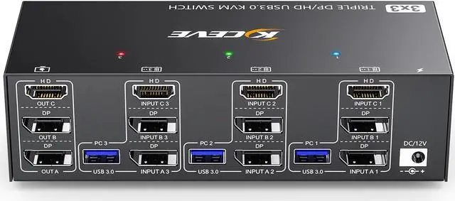 KVM Switch 3 Monitors 3 Computers 8K 60Hz 4K 144Hz Camgeet HDMI+2 Displayport KVM Switch Triple Monitor for 3 Computer Share 3 Monitor and 4 USB3.0 Devices Wired Remote and 12V power adapter Included