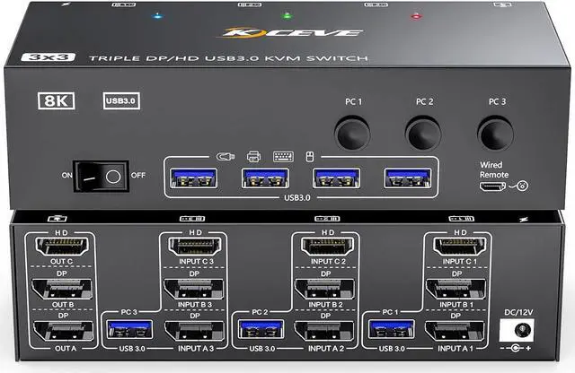 KVM Switch 3 Monitors 3 Computers 8K 60Hz MLEEDA HDMI + 2* Displayport Triple Monitor KVM Switch 3 Monitor KVM with 4 USB 3.0 Ports for Keyboard Mouse Printer Wired Remote and Power Adapter Included