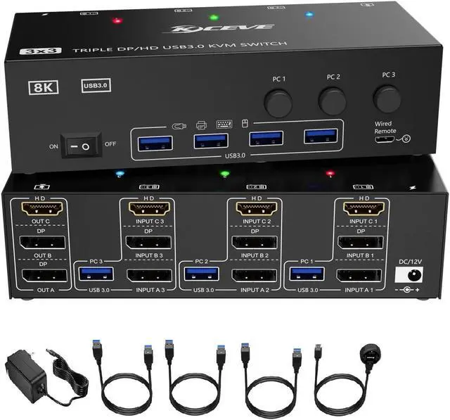 KVM Switch 3 Monitors 3 Computers Displayport KVM Swtiches 8K 60Hz 4K 144Hz HDMI+2 Displayport KVM Switch 3 Monitors 3 Computers with 4 USB 3.0 Hub Keyboard Mouse Printer Support Extended Mode