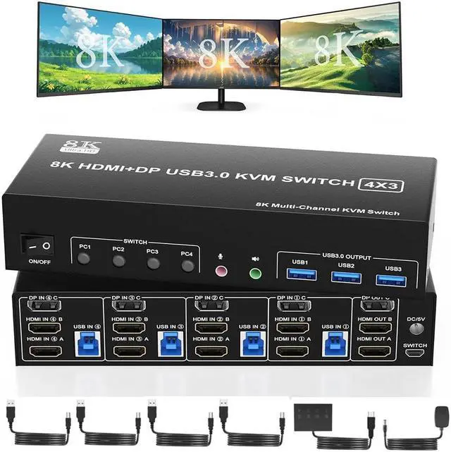 KVM Switch 3 Monitors 4 Computers 8K 60Hz 2 HDMI +1 Displayport Triple Monitor KVM Switch for 4 PCs Share 3 Monitor and 3 USB 3.0 Ports with Audio Microphone Output Support Extended and Copy Mode