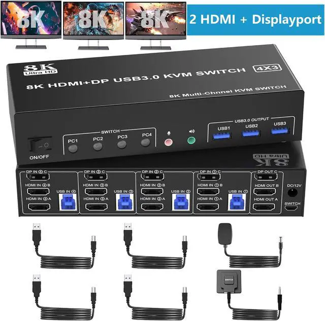 KVM Switch 3 Monitors 4 Computers 8K 60Hz 4K 144Hz 2 HDMI +1 DisplayPort KVM Switch Triple Monitor for 4 Computer with Audio and 3 USB 3.0 Ports KVM Switch for Triple Monitor Keyboard Mouse Switcher