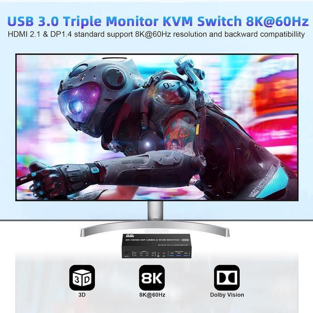 KVM Switch 3 Monitors 4 Computers 8K 60Hz 4K 144Hz 2 HDMI +1 DisplayPort KVM Switch Triple Monitor For 4 Computer With Audio And 3 USB 3.0 Ports KVM Triple Monitor Keyboard Mouse Switcher