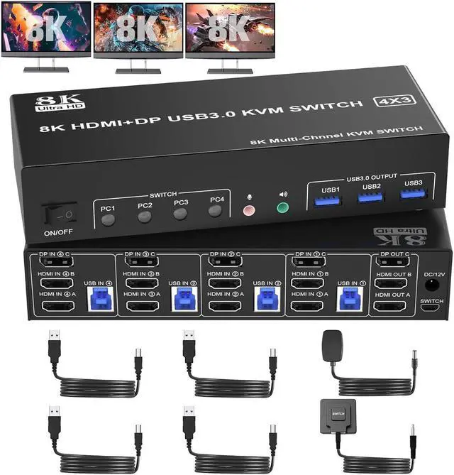 KVM Switch 3 Monitors 4 Computers 8K 60Hz 4K 144Hz 2 HDMI +1 DisplayPort KVM Switch Triple Monitor for 4 Computer with Audio and 3 USB 3.0 Ports KVM Triple Monitor Keyboard Mouse Switcher