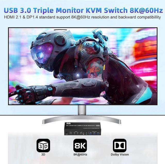 KVM Switch 3 Monitors 4 Computers 8K 60Hz 4K 144Hz 2 HDMI +1 DisplayPort KVM Switch Triple Monitor For 4 Computer With Audio And 3 USB 3.0 Ports KVM Switch For Triple Monitor Keyboard Mouse Switcher