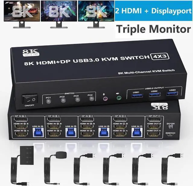 KVM Switch 3 Monitors 4 Computers 8K 60Hz 4K 144Hz 2 HDMI +1 DisplayPort Triple Monitor KVM Switch for 4 Computer with Audio and 3 USB 3.0 Ports USB 3.0 KVM Triple Monitor Keyboard Mouse Switcher