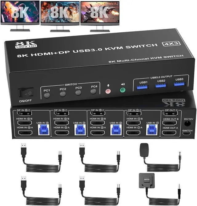 KVM Switch 3 Monitors 4 Computers 8K 60Hz 4K 144Hz 2 HDMI +1 DisplayPort KVM Switch Triple Monitor for 4 Computer with Audio and 3 USB 3.0 Ports KVM Triple Monitor Keyboard Mouse Switcher