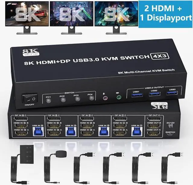 KVM Switch 3 Monitors 4 Computers 8K 60Hz 4K 144Hz 2 HDMI +1 DisplayPort Triple Monitor KVM Switch for 4 Computer with Audio and 3 USB 3.0 Ports KVM Triple Monitor Keyboard Mouse Switcher