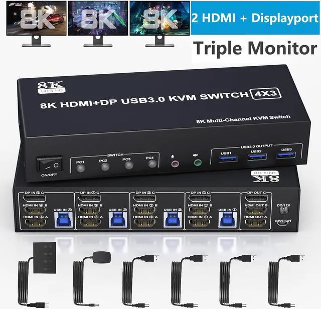 KVM Switch 3 Monitors 4 Computers 8K 60Hz 4K 144Hz 2 HDMI +1 DisplayPort Triple Monitor KVM Switch for 4 Computer with Audio and 3 USB 3.0 Ports USB 3.0 KVM Triple Monitor Keyboard Mouse Switcher