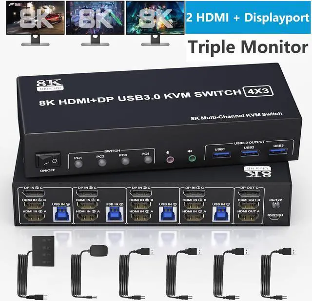 KVM Switch 3 Monitors 4 Computers 8K 60Hz 4K 144Hz 2 HDMI +1 DisplayPort Triple Monitor KVM Switch for 4 Computer with Audio and 3 USB 3.0 Ports USB 3.0 KVM Triple Monitor Keyboard Mouse Switcher