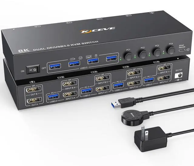 KVM Switch 4 Computer 2 Monitors Dual Monitors Displayport USB 3.0 KVM Switcher Supports 4K 60Hz for 4 DP Computers Share 2 DP Monitors Keyboard and Mouse