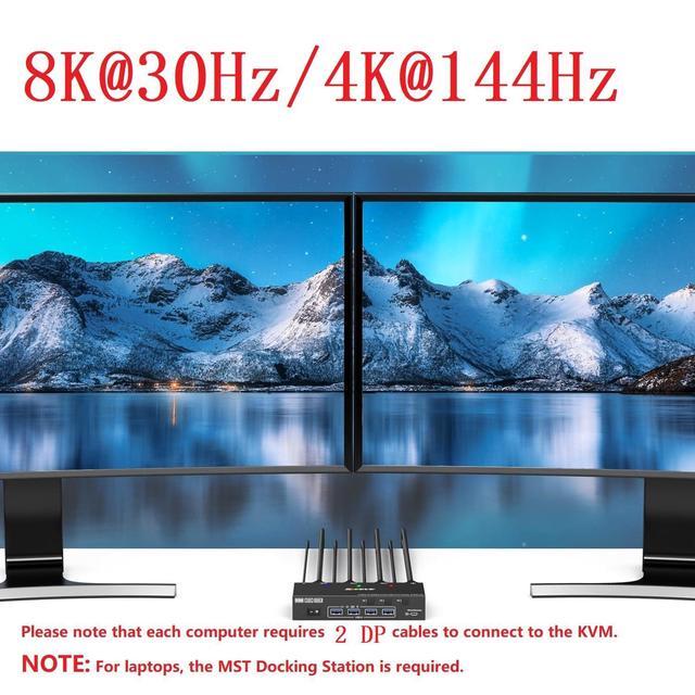 KVM Switch 4 Computers 2 Monitors 8K 30Hz 4K 144Hz Dual Monitor DP KVM Switch 4 In 2 Out For 4 Computer Share 2 Monitors And 4 USB 3.0 Port Keyboard Mouse Wired Remote And USB Cables Included