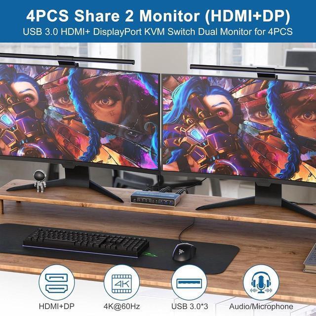 KVM Switch 4 Computers 2 Monitors Displayport And HDMI 4K 60Hz USB 3.0 4 Port Dual Monitors KVM Switch With Audio Microphone Output And 3 USB 3.0 Ports 4 In 2 Out Monitor Switch For 4 PCs