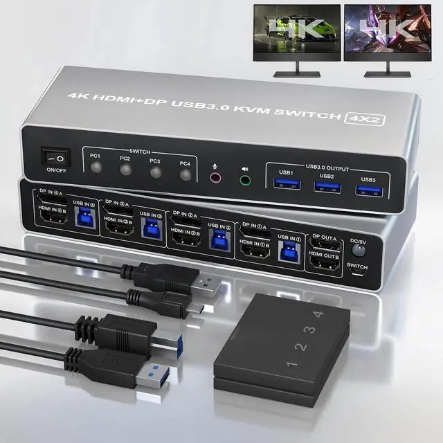 KVM Switch 4 Computers 2 Monitors Displayport and HDMI 4K 60Hz USB 3.0 4 Port Dual Monitors KVM Switch with Audio Microphone Output and 3 USB 3.0 Ports 4 in 2 Out Monitor Switch for 4 PCs