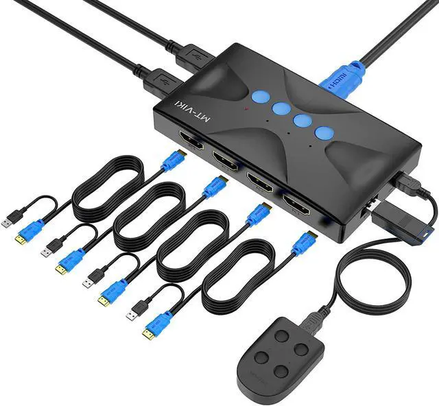 KVM Switch 4 Port MT-VIKI HDMI KVM Switch for 4 Computers Share One HD 4K Monitor and 3 USB Devices Keyboard Mouse Printer Including 4 KVM Cables and Wire-Desktop Controller
