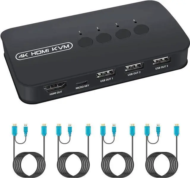 KVM Switch 4 Ports HDMI USB Selector for 4 Computers Share Keyboard Mouse Printer and One HD 4K Monitor Including 4 KVM Cables