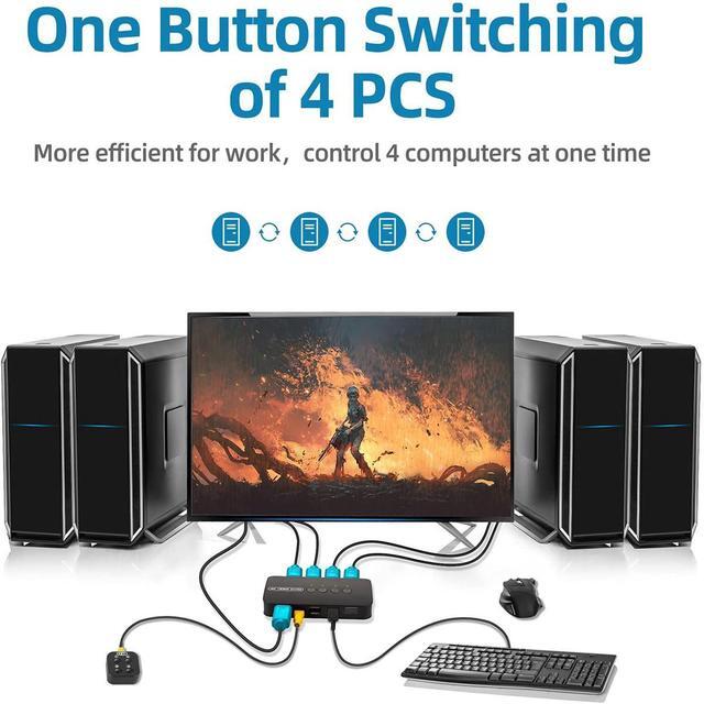 KVM Switch 4 Ports HDMI USB Selector For 4 Computers Share Keyboard Mouse Printer And One HD 4K Monitor Including 4 KVM Cables