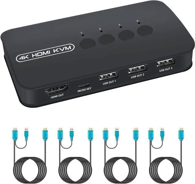KVM Switch 4 Ports HDMI USB Selector for 4 Computers Share Keyboard Mouse Printer and One HD 4K Monitor Including 4 KVM Cables