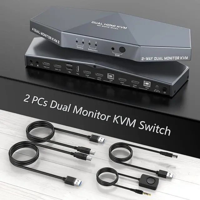 KVM Switch 4K 60Hz 2 PCs Dual Monitor Dual Monitor Suitable HDMI KVM Switch for 2 Computers + 2 Monitors with Audio USB Powered Hotkey Switch 4K Monitor with Cables