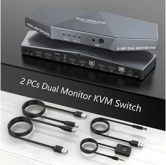KVM Switch 4K 60Hz 2 PCs Dual Monitor Dual Monitor Suitable HDMI KVM Switch for 2 Computers + 2 Monitors with Audio USB Powered Hotkey Switch 4K Monitor with Cables