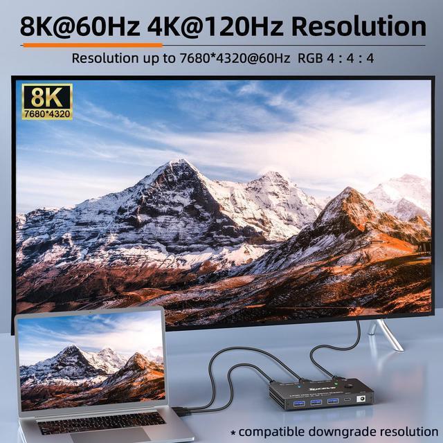 KVM Switch 8K 60Hz HDMI KVM Switch For 2 Computers Sharing 1 Monitor And 3 USB3.0 Devices Wired Remote Control And USB Cable Included