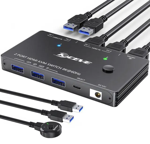 KVM Switch 8K 60Hz HDMI KVM Switch for 2 Computers Sharing 1 Monitor and 3 USB3.0 Devices Wired Remote Control and USB Cable Included
