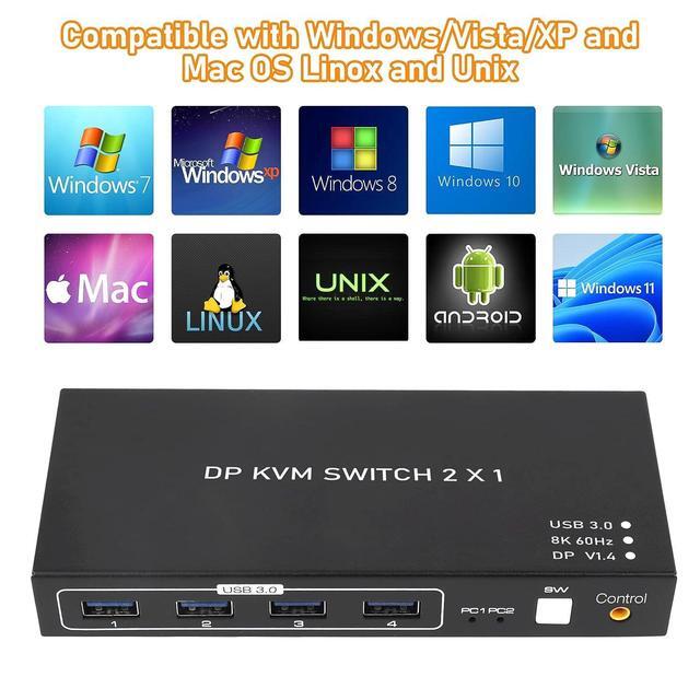 KVM Switch Display Port 8K 60Hz 2 Port DisplayPort KVM Switch With 4 USB 3.0 Port 2 Computers Share 1 Monitors DP 1.4 PC Keyboard Mouse Switcher With USB Cable Desktop Controller And Power Adapter