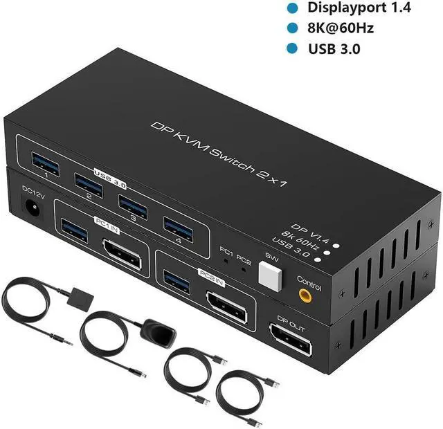 KVM Switch Display Port 8K 60Hz 2 Port DisplayPort KVM Switch with 4 USB 3.0 Port 2 Computers Share 1 Monitors DP 1.4 PC Keyboard Mouse Switcher with USB Cable Desktop Controller and Power Adapter