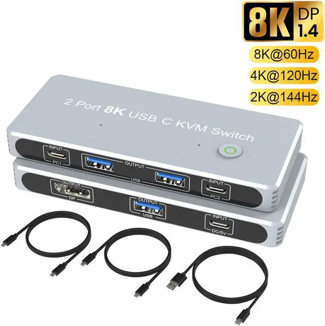 KVM Switch DisplayPort 2 Port 8K LUOM KVM DP Switches Box 2 in 1 Out for 2PC Share 1 Monitor and One Keyboard Mouse KVM Switch Displayport Support 8K 60Hz 4K 144Hz 3D 1080P