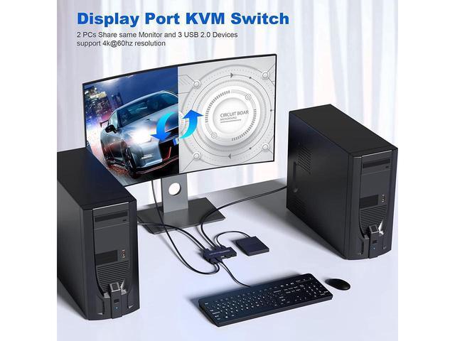 KVM Switch DisplayPort - 2 Port Displayport KVM Switch Two Computers One Monitor Switch To Share Mouse Keyboard Printer USB And Ultra HD Monitor Support 4K 60Hz 2 DP Cable And 2 USB Cable Included