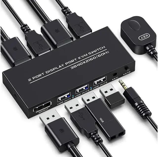 KVM Switch DisplayPort - 2 Port Displayport KVM Switch Two Computers One Monitor Switch to Share Mouse Keyboard Printer USB and Ultra HD Monitor Support 4K 60Hz 2 DP Cable and 2 USB Cable Included