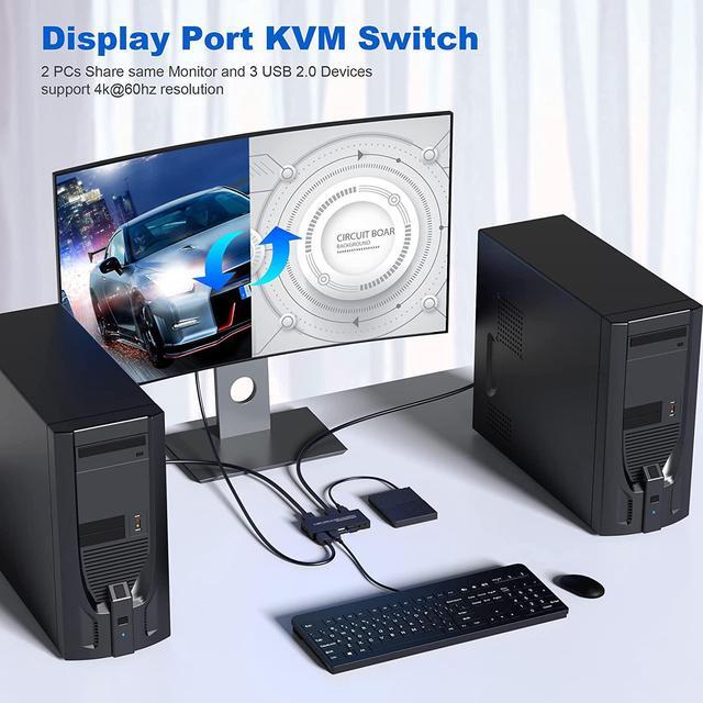 KVM Switch DisplayPort - 2 Port Displayport KVM Switch Two Computers One Monitor Switch To Share Mouse Keyboard Printer USB And Ultra HD Monitor Support 4K 60Hz 2 DP Cable And 2 USB Cable Included