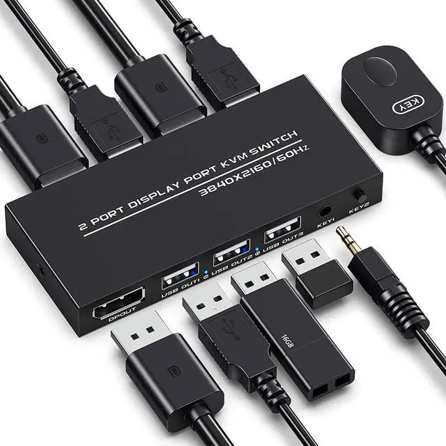 KVM Switch DisplayPort - 2 Port Displayport KVM Switch Two Computers One Monitor Switch to Share Mouse Keyboard Printer USB and Ultra HD Monitor Support 4K 60Hz 2 DP Cable and 2 USB Cable Included