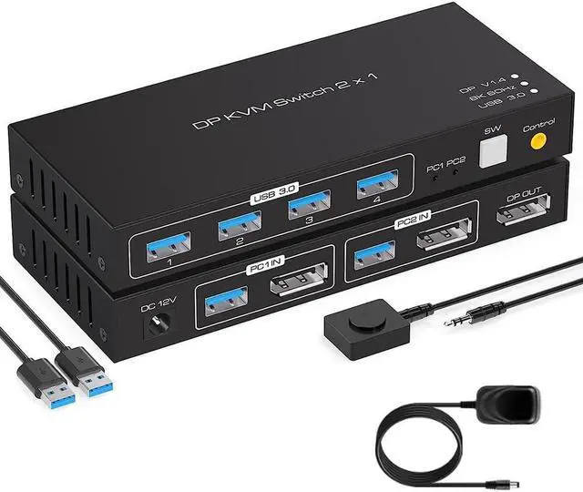 KVM Switch DisplayPort 2 Port DP KVM Switch for 1 HD Monitor 2 Computers to Share 4 USB 3.0 Device Keyboard Mouse Printer Support 8K 60Hz Included 2 USB Cables Wired Controller