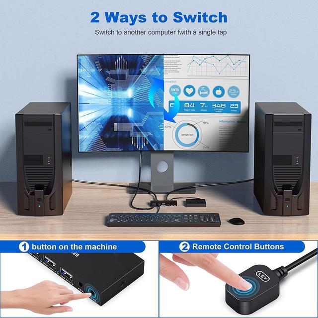 KVM Switch DisplayPort - 2 Port DP KVM Switch Two Computers One Monitor Switch To Share Mouse Keyboard Printer USB 2.0 Device And Ultra HD Monitor Support 4K 60Hz 2 DP And 2 USB Cable Included