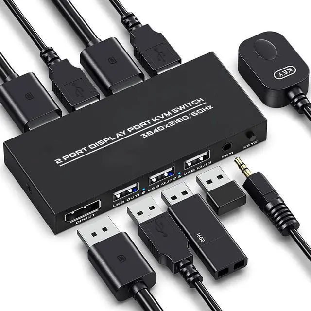 KVM Switch DisplayPort - 2 Port DP KVM Switch Two Computers One Monitor Switch to Share Mouse Keyboard Printer USB 2.0 Device and Ultra HD Monitor Support 4K 60Hz 2 DP and 2 USB Cable Included