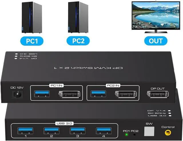 KVM Switch DisplayPort - DP KVM Switch for 1 Monitor 2 Computers to Share Mouse Keyboard Printer USB 3.0 Device and Ultra HD Monitor Support 8K 60Hz with Wired Controller