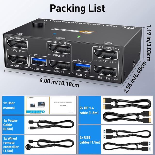 KVM Switch Dual Monitor DisplayPort 1.4 8K 30Hz 4K 144Hz 2 In 2 Out DP1.4 KVM Switch And 4 USB3.0 For 2 Computers Backnward Compatible DP1.2 With DP+UBS Cables And Wired Controller