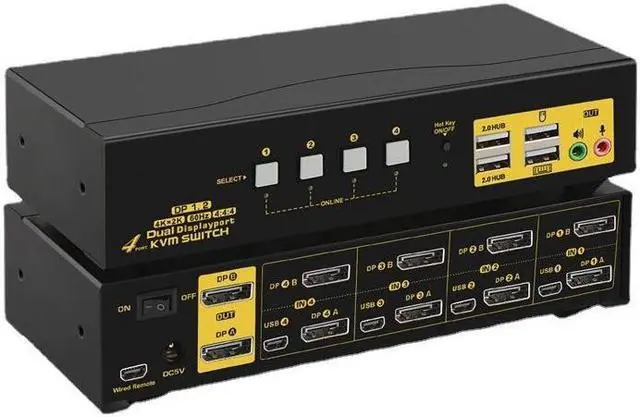 KVM Switch Dual Monitor DisplayPort 4 Port 4K 60Hz 4:4:4 4x2 DP KVM Switch with Audio and USB 2.0 HUB