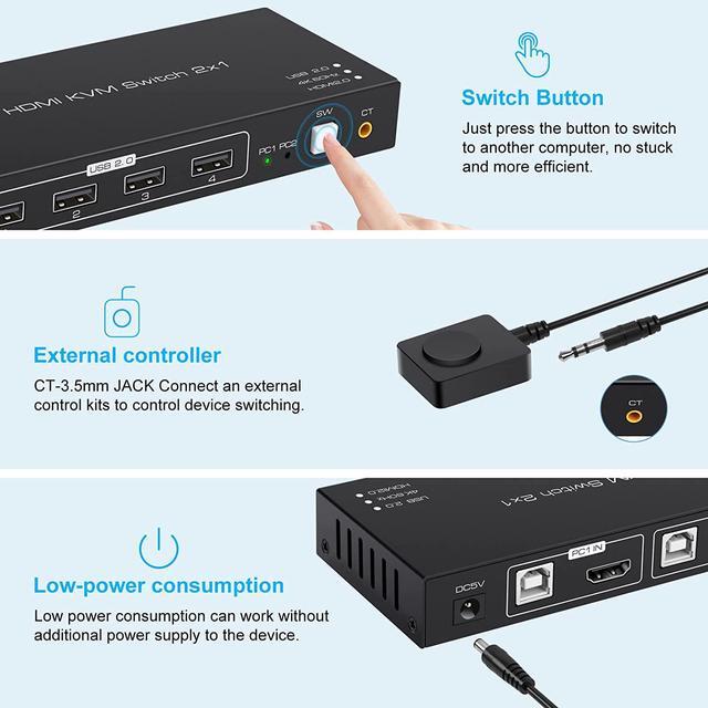 KVM Switch HDMI 2 Port 4K 60Hz 2 In 1 Out HDMI KVM Switch With 4 Port USB 2.0 For 2 Computers 1 Monitor Share Keyboard Mouse Printer Support Wired-Desktop Controller Including 2 USB 2.0 Cable