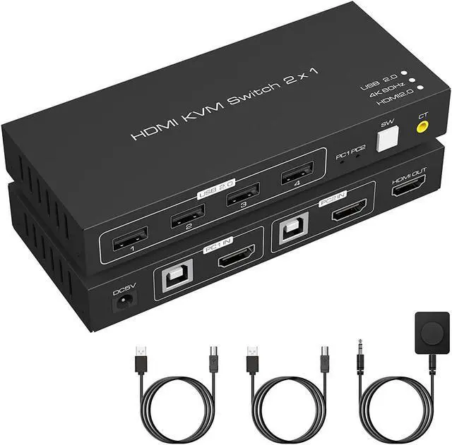 KVM Switch HDMI 2 Port 4K 60Hz 2 in 1 Out HDMI KVM Switch with 4 Port USB 2.0 for 2 Computers 1 Monitor Share Keyboard Mouse Printer Support Wired-Desktop Controller Including 2 USB 2.0 Cable