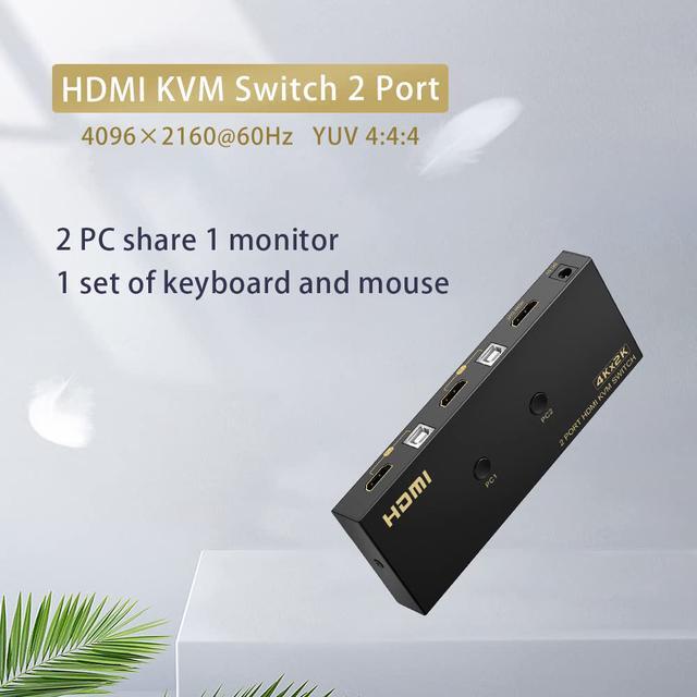 KVM Switch HDMI 2 Port 4K 60Hz 2x1 HDMI KVM Switch For 2 Computers Sharing 1 Monitor And 3 USB Devices With Extension Control Switch And 2 USB Cable & 2 HDMI Cable