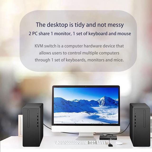 KVM Switch HDMI 2 Port 4K 60Hz 2x1 HDMI KVM Switch For 2 Computers Sharing 1 Monitor And 3 USB Devices With Extension Control Switch And 2 USB Cable & 2 HDMI Cable