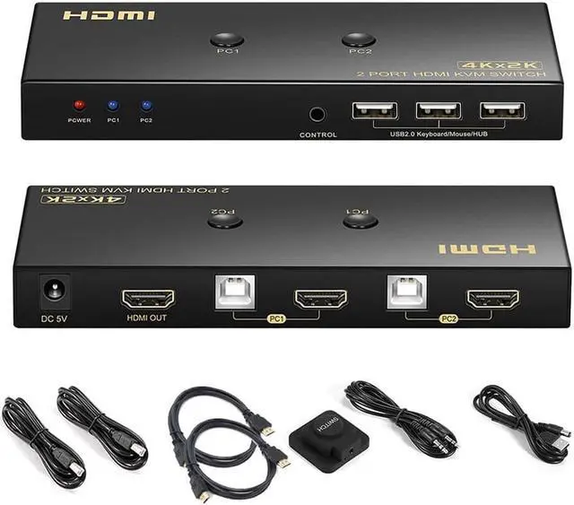 KVM Switch HDMI 2 Port 4K 60Hz 2x1 HDMI KVM Switch for 2 Computers Sharing 1 Monitor and 3 USB Devices with Extension Control Switch and 2 USB Cable & 2 HDMI Cable