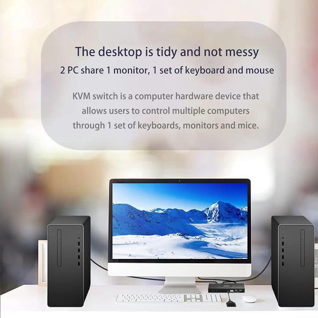 KVM Switch HDMI 2 Port 4K 60Hz 2x1 HDMI KVM Switch For 2 Computers Sharing 1 Monitor And 3 USB Devices With Extension Control Switch And 2 USB Cable & 2 HDMI Cable