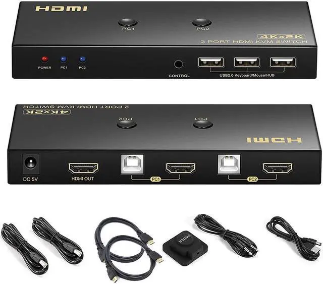 KVM Switch HDMI 2 Port 4K 60Hz 2x1 HDMI KVM Switch for 2 Computers Sharing 1 Monitor and 3 USB Devices with Extension Control Switch and 2 USB Cable & 2 HDMI Cable