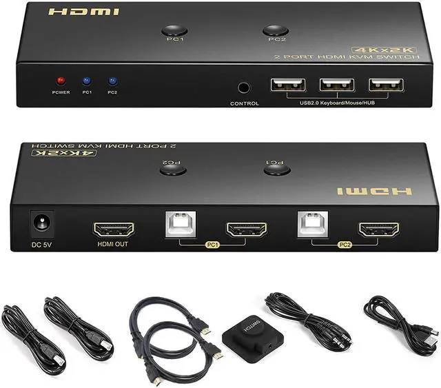 KVM Switch HDMI 2 Port 4K 60Hz 2x1 HDMI KVM Switch for 2 Computers Sharing 1 Monitor and 3 USB Devices with Extension Control Switch and 2 USB Cable & 2 HDMI Cable
