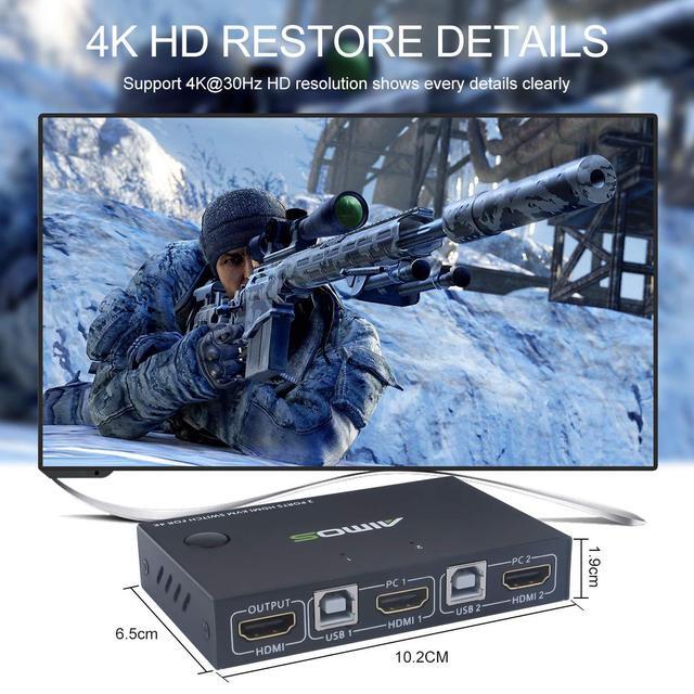KVM Switch HDMI 2 Port Box 2 Computers Share One Set Wired Or Wireless Keyboard & Mouse And One Monitor Support UHD 4K 30Hz Compatible Laptop/PC/PS4/Xbox/HDTV With HDMI And USB Cables