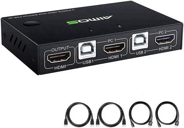 KVM Switch HDMI 2 Port Box 2 Computers Share one Set Wired or Wireless Keyboard & Mouse and one Monitor Support UHD 4K 30Hz Compatible Laptop/PC/PS4/Xbox/HDTV with HDMI and USB Cables